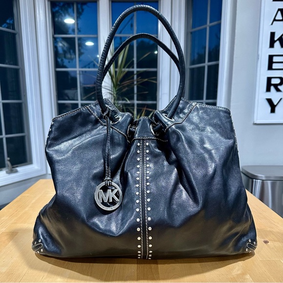 Michael Kors Studded Black Leather Shoulder Bag - Picture 1 of 10